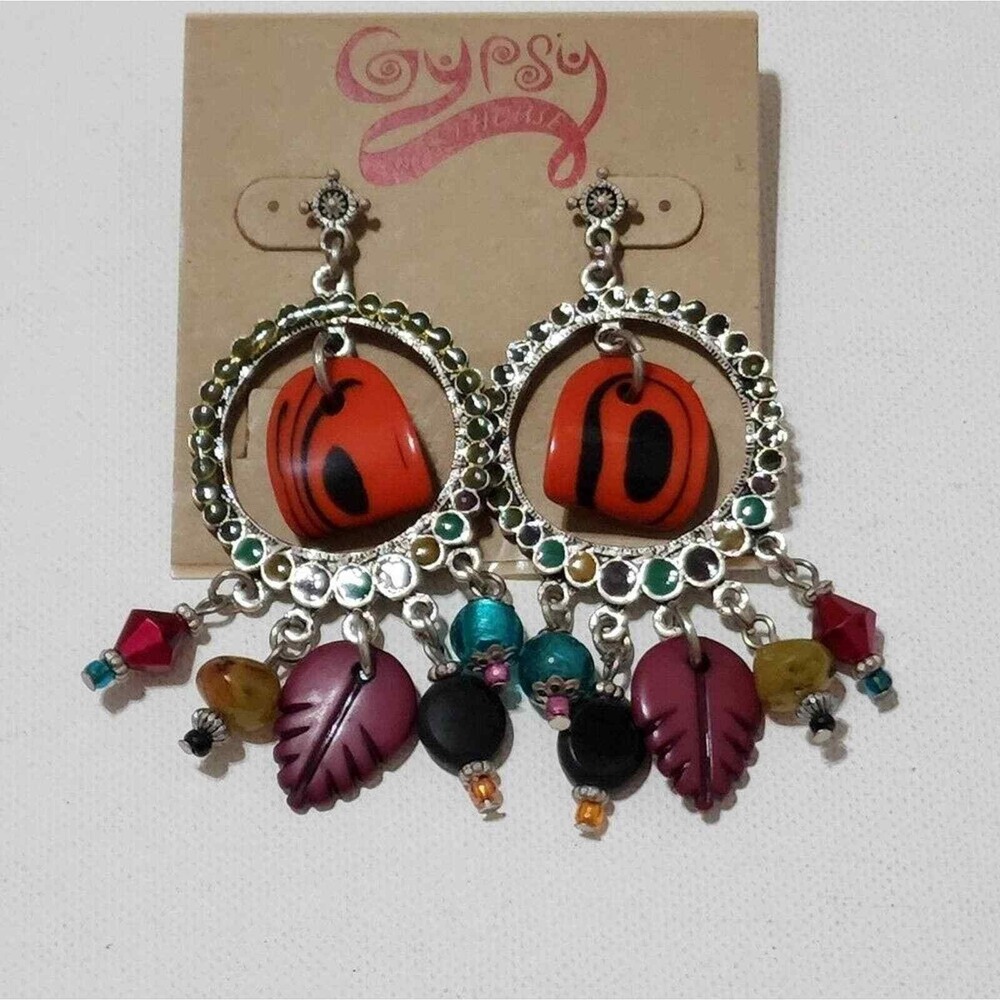 Treska Gypsy Boho Chandelier Earrings Multicolor Beaded Leaf Dangle 3 Inch NEW